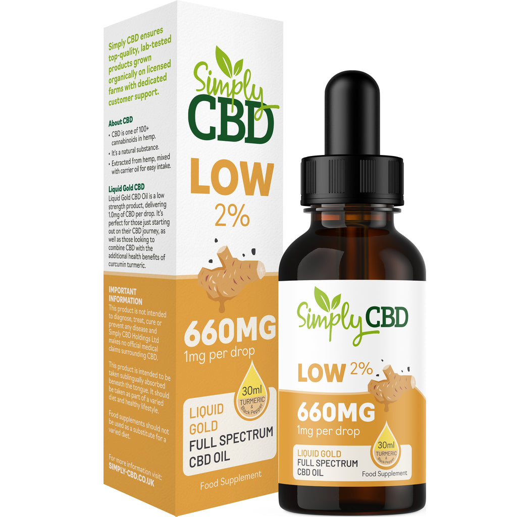 Köp Sie Liquid Gold CBD-Öl mit Kurkuma och schwarzem Pfeffer – 2 % Stärke (30 ml)