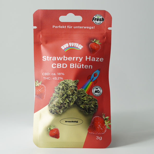 Köp Strawberry Haze CBD-blommor från BudVoyage (18 % CBD) online